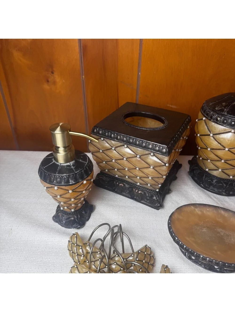 Vighano Bath Accessories 6 Piece Vanity Set Amber Faux Onyx Black Pearl